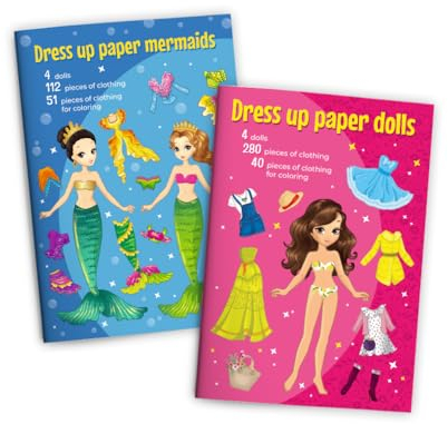 Junapack Anziehpuppen Set zum Ausschneiden Anziehpuppe aus Papier Papierpuppen-Spielbuch (4 Puppen und 4 Meerjungfrauen) mit Kleidungsstücken zum Anziehen