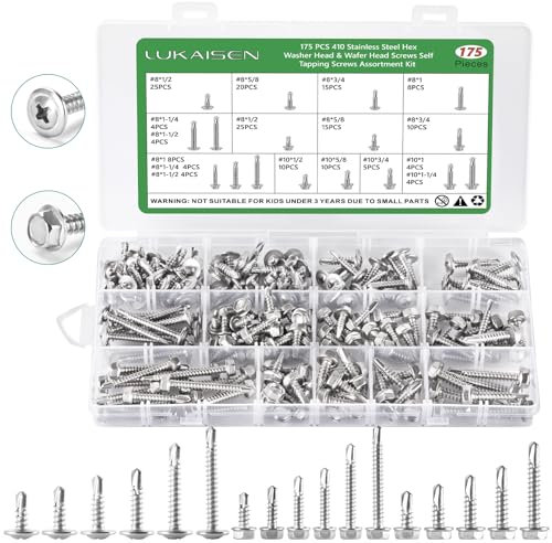 Vis Autoforeuse, 175 PCS 410 Acier Inoxydable Vis Autoperceuses Métal M4.2, M4.8 Tête de Rondelle hexagonale et tête Plate 17 Tailles pour Meubles en Bois en Métal