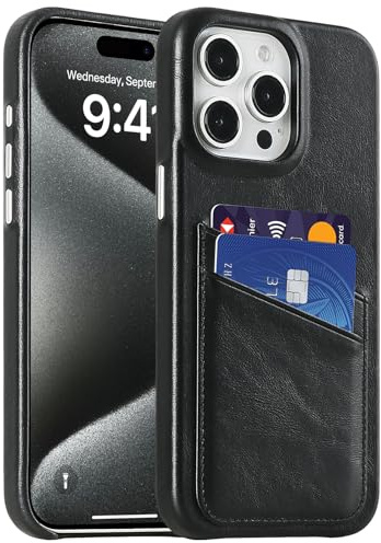 LUCKYCOIN Premium Handcrafted Genuine Leather Phone Case for iPhone 15 Pro Max, Slim Wallet Case with Card Holder, Metal Buttons, Soft Microfiber Lining, Shockproof Protective Cover - Black