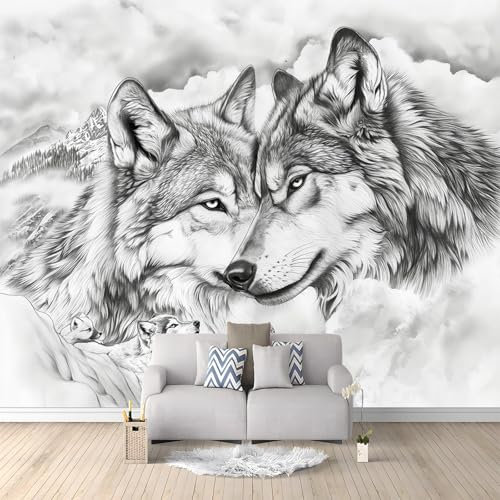 Papier Peint Panoramique 3D Dessin Au Crayon De Loup Animal Murale Chambre à Coucher Maison Décoration Intérieure, Papier Peint intissé fond pour Chambre D'Enfant Salon Murale 250x175 cm