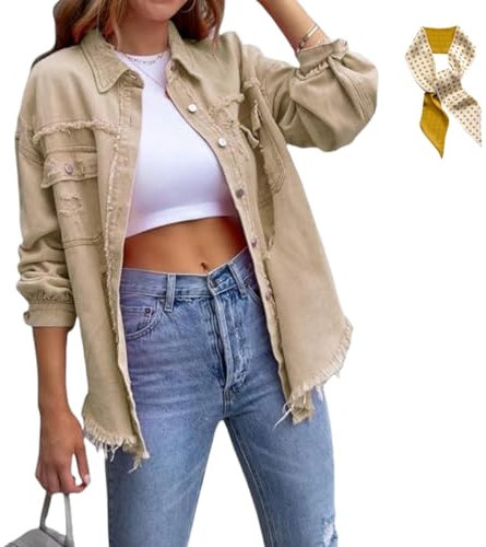 MENGYSM Übergroße zerrissene Jeansjacke für Damen, Jeanshemd im Used-Look mit Knopfleiste, Leichter Boyfriend-Mantel mit Langen Ärmeln und Tasche