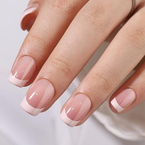 Press On Nails Short Square French Tip False Nails With Glue, 30Pcs Thicken Soft Gel Base Stick On Nails in 15 Sizes, Reusable Glue On Fake Nails for Women (Peach French Square, 30pcs)