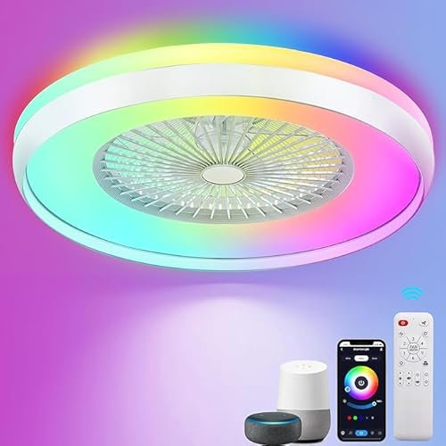 EKDADL 24 Low Profile Ceiling Fans with Lights, Smart RGB Ceiling Fan with Alexa/Google Assistant/APP Control, Bladeless Flush Mount Enclosed Ceiling Fan Dimmable Color Changing LED Ambient Bedroom