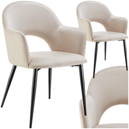 tectake® 2er Set Armlehnstuhl in Samtoptik, gepolsterte Esszimmerstühle, bis 120 kg belastbar, Stühle Esszimmer mit komfortabler Polsterung, Küchenstuhl, Esszimmerstuhl mit Stahlbeinen - Creme