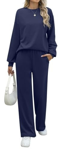 REORIA Women Cotton Lounge Wear Sets Crew Neck Tracksuit Set Two Piece Outfit Long Sleeve Top and Wide Leg Pants Co Ord Sets Navy Blue XXL