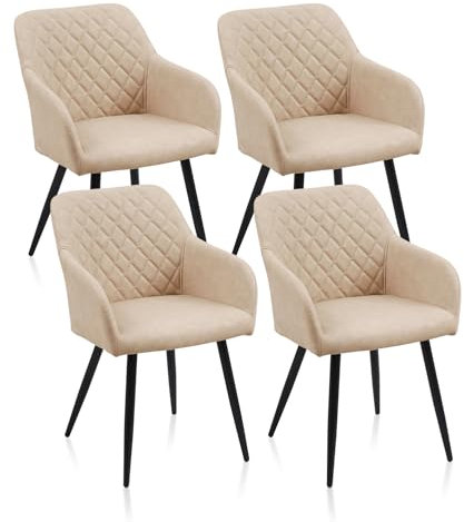ZBAOLTO Stühle esszimmer 4er Set Kunstleder, Diamant-Gitter-Esszimmerstuhl Küchenstuhl Polsterstuhl Wohnzimmerstuhl mit Armlehnen Rückenlehne Metallbeine, für Esszimmer Wohnzimmer Küche, Beige