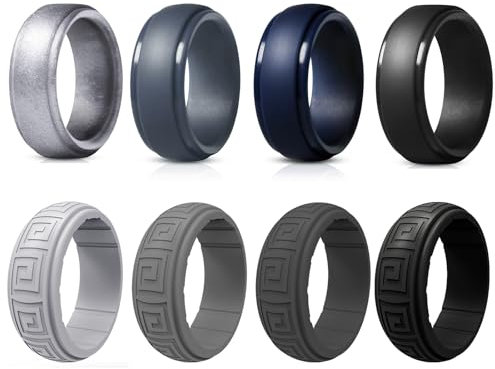 XSDSLS 8 Stück Silikon Ehering für Männer Set, 8MM Gummi Hochzeit Bands Set bequeme Passform, hautsicher, Schmuck Fingerringe für Sport und Outdoor Geschenk Für Männer Größe 54 bis 70 (7)