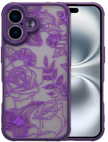 XIZYO Case for iPhone 16 6.1 Inch, Cute Frosted Translucent Rose Floral Flower Pattern Shockproof Cover, for Girls Women Luxury Soft TPU Protective Phone Case, Purple