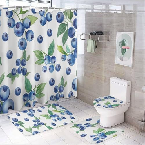 Ensemble De Rideaux De Douche À Motif De Fruits 4 Pièces - Rideau De Douche Familial Blueberry Avec Housse De Couvercle De Toilette Et Tapis, Rideaux De Douche De Luxe Pour Ensemble De Salle De Bai