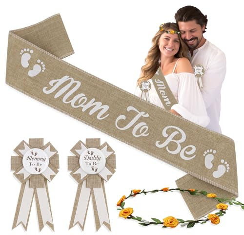 Mom to be Schärpe Baby Shower Set, Boho Babyparty Dekorationen, Baby Shower Schärpe, Mama und Papa to be Pins, Blumenkrone für Geschlecht Enthüllung Party, Mutterschaft Shoot Requisiten (Khaki)
