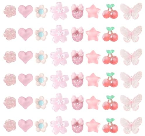 60 Stück 3D-Anhänger für Handyhüllen, Kunstharz, Schleife, Stern, Kirsche, flache Rückseite, Blume, Herz, Cabochons, flache Rückseite, Erdbeere, Blumen-Charm-Charm-Ornamente