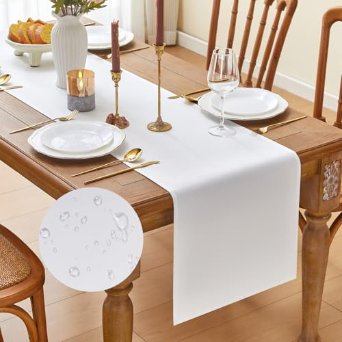 GUJOXILA Modern Tischläufer Weiß Frühling Wasserabweisend Abwaschbar | Leinenoptik Tischläufer Esstisch Tisch Dekoration für Hochzeiten Outdoor Drinnen Urlaub Party Dekor 40 x 140 cm