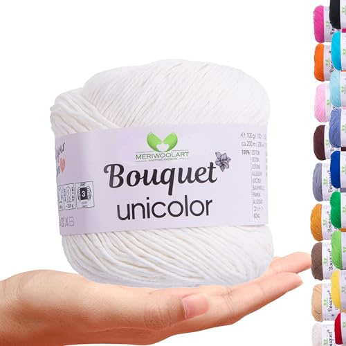 MeriWoolArt Bouquet Baumwollgarn Weiß – 100% Baumwolle – Häkelgarn & Strickgarn – 100g, 200m – Ideal für Tücher, Babydecken, Amigurumi, Sommerkleidung & Wohnaccessoires