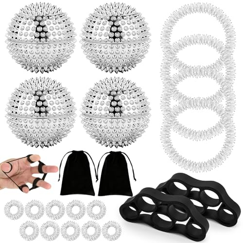4 Stück Igelball Massageball, für Stress Relief Oder Massage | Magnetische Igelball Metall, mit 10 Akupressur Ring, 4 Akupressur Armband, 2 Fingertrainer, 2 Beutel