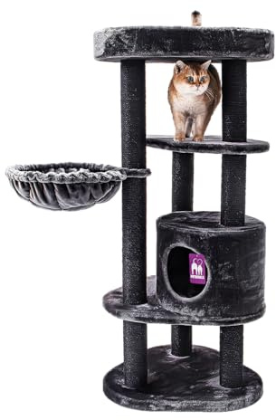 Petrebels Kratzbaum Charlotte 134 cm hoch, Katzenbaum mit Hängematte, Liegefläche und Höhle, Farbe Schwarz