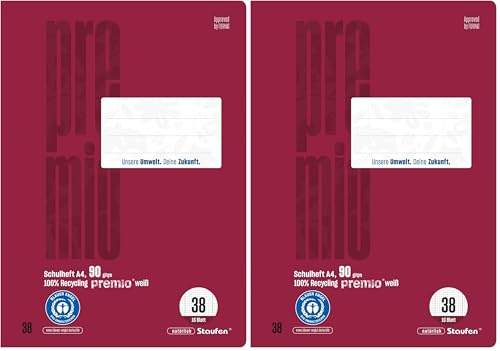 Staufen premio Schulheft - 4 Hefte je 16 Blatt, DIN A4, Lineatur 38 (5mm kariert, Rand perforiert), 90 g/m² Recyclingpapier, runde Ecken verhindern „Eselsohren“ (Packung mit 2)