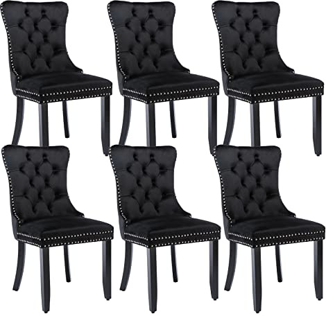 Schwarze Samt-Esszimmerstühle 6er Set, moderne gepolsterte Küchenstühle | Massivholzbeine; Flügelrückenlehne mit Knopfheftung; dekorativer Ringgriff; Ziernägel; bequeme Polsterung; einfache Montage