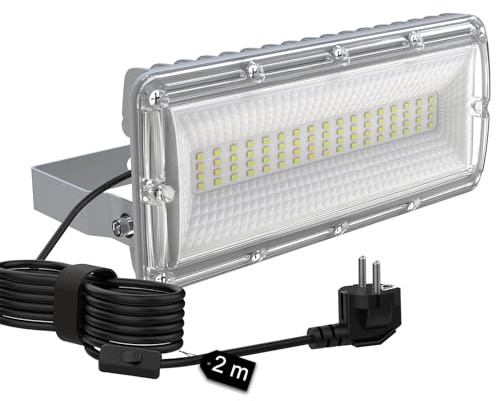 SUFUYA 50W LED Strahler Außen 7000LM 6500K LED Fluter mit 2m Kabel, Stecker | Ein- und Ausschalter, IP67 Wasserdichtes, Flimmerfrei, 6KV Schutz. 180° verstellbar. Tragbar für Baustellen, Garage