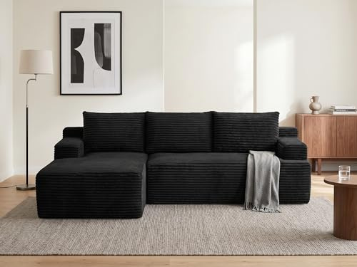 LANOX Ecksofa mit Schlaffunktion 238 cm, Cord L Form Couch ohne Montage, modulares Bodensofa mit Taschenfederkern, Cloud Polstersofa für Wohnzimmer Apartment, Schwarz