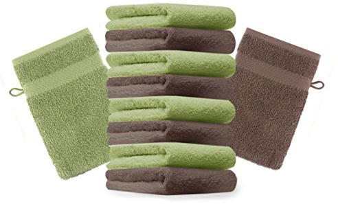 Betz 10 Stück Waschhandschuhe Premium 100% Baumwolle Waschlappen Set 16x21 cm Farbe apfelgrün und nussbraun