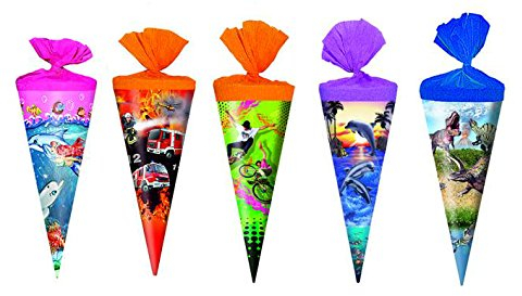 5x Schultüte/Zuckertüte/Länge: 25cm / rund / 5 verschiedene Motive