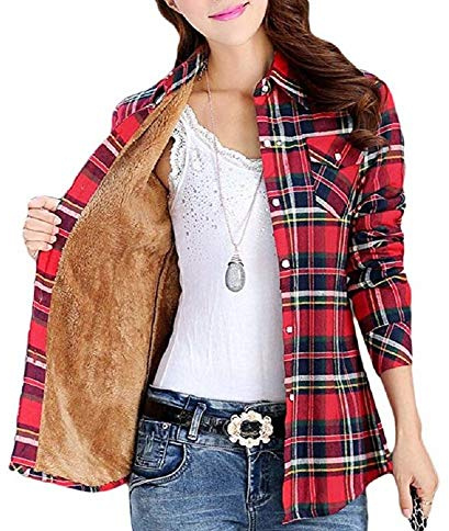 Lazutom Chemise d'hiver pour femme à manches longues doublée en polaire à carreaux, rouge/jaune, 38