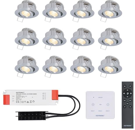 HOFTRONIC - Mini LED Einbaustrahler Set Granada 12er set Schwenkbar IP44 Inkl. Touch Wand-Dimmer & Fernbedienung 2700K Warmweiß LED Deckenstrahler schwenkbar ideal für Terrassendach, Bad, Dusche