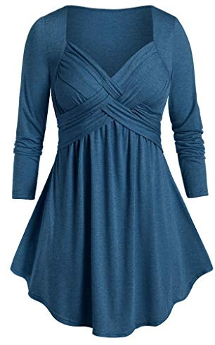 Lazzboy Women Long Sleeve Tops Solid Square V Neck Casual Tunic Babydoll Cross Front Pleated Plus Size Ladies Blouse Pullover (16,Dark Blue)