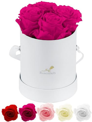 Rosenlieb Rosenbox Weiß mit 4 Infinity Rosen (bis 3 Jahre haltbar)| Echte konservierte Rose | Flowerbox inkl. Grußkarte Geschenk für Frau Freundin Oma Weihnachten (Pico Bellissima, Pink)