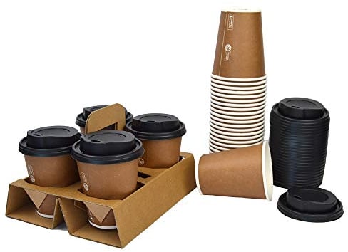 PZ 50 Cestino Porta Bicchieri 4 Fori + PZ 200 Bicchieri 9 oz (266 ml) in Carta Avana + PZ 200 COPERCHI Neri con BECCUCCIO Ideale per ASPORTO di Bevande Calde