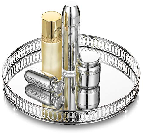 NUPTIO Cosmetic Perfume Mirrored Tray: Vanity Jewelry Makeup Organizer, Ornate Silver Decorative Candle Holder Home Decor for Wedding Party Dresser Table Bedroom & Bathroom