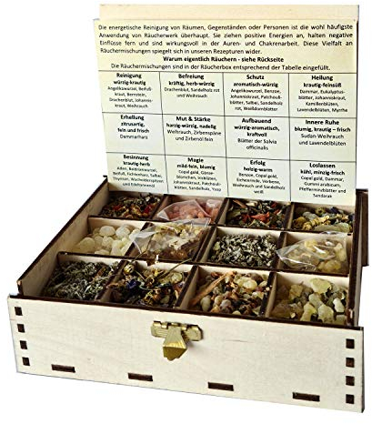 Räucherbox Geschenkbox mit 12 Sorten Räuchermischungen Reinigung und Orientierung, Hausreinigung 14 x 10 x 4 cm