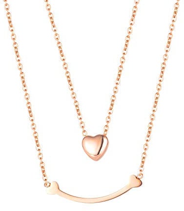 Meilord Bar Necklace for Women&Girls,Heart Pendant Necklace Layered Necklace Double Layer Rose Gold,Titanium Stainless Steel Chain Length:16+2.4Inch