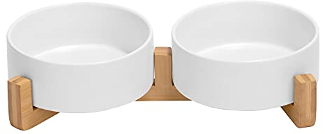 SPUNKYJUNKY Gamelle Double en céramique avec Support en Bambou pour Chat et Chien (400ml, Blanc)