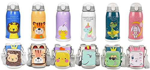QUNUNOIRE Thermosflasche Kinder Heiß und Kalt Trinkflasche Edelstahl Wasserflasche Vakuum Isolierflasche mit Umhängetasche Strohhalm Tasse Baby Kinderthermoflasche Kinderthermoskannen Dinosaurier