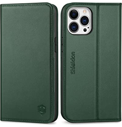 SHIELDON Hülle für iPhone 13 Pro Max Lederhülle [Echtleder] [RFID-Sperre] [Kartenfach] [Magnet] TPU Klapphülle Schutz Kompatibel mit iPhone 13 Pro Max 6,7 - Nachtgrün
