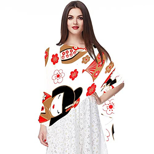 Kokeshi Japanische Puppen Chiffon Schal für Frauen Mode Weich Hijab Langer Schal Wickelschal, Japanische Kokeshi-Puppen