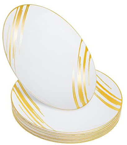 STACKABLES Lot de 20 assiettes en plastique rigide - 26,4 cm - Assiettes blanches avec motif doré - Légères, flexibles et réutilisables - Pour fête d'anniversaire, mariage et restauration