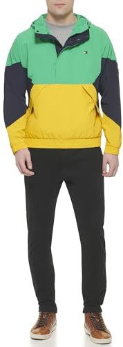 Tommy Hilfiger Chaqueta Cortavientos con Capucha Taslan Ligera y Retro Resistente al Agua, Verde Aguamarina/Azul Marino/Amarillo, M para Hombre