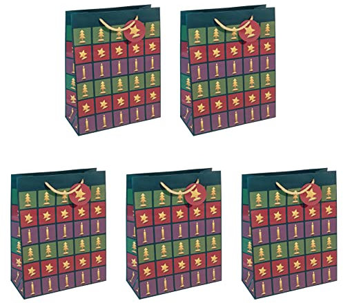 Sigel GT046/5 große Papier-Geschenktüten, 5er Set, 33 x 26 cm, grün, rot, violett, Weihnachten Cut-out style, Papier-Geschenktaschen Weihnachten