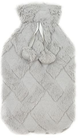 Olivia Rocco Diamond Fleece Hot Water Bottle with Knitted Cover Hot Water Bag for Hot and Cold Compress, Hand Feet Warmer, Neck and Shoulder Pain Relief (Grey)