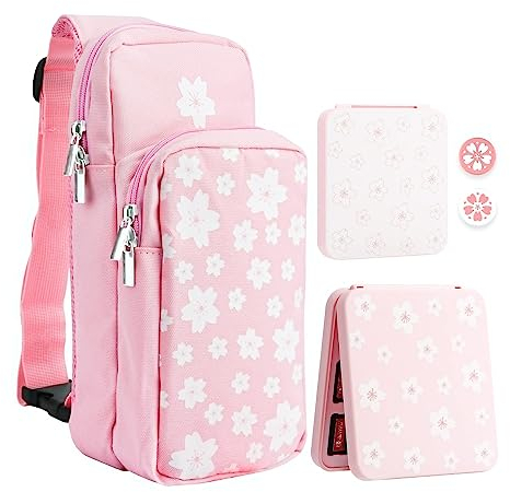 RHOTALL Niedliche Umhängetasche kompatibel mit Nintendo Switch/Switch OLED und Switch Lite, Reiserucksack mit hoher Kapazität für Switch-Zubehör mit Spielkartenetui und 2 Daumenkappen - Sakura