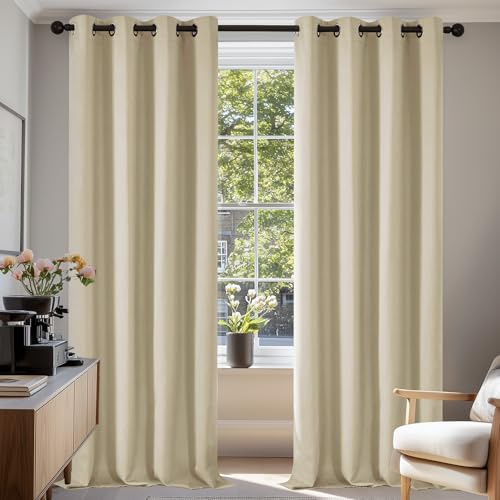 Deconovo Gardiner, öljettgardiner för sovrum, ogenomskinlig gardin, termogardiner mot kyla, termogardiner isolerande mot kyla, 300 x 140 cm (längd x bredd), beige, set om 2