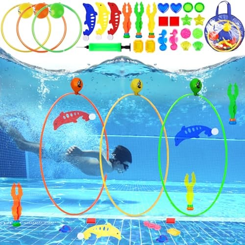 BARAKYEG 27pcs Jouets de Plongée,Jeux Piscine Enfant,Jouet sous Eau Piscine Été inclure 3 Anneaux de Plongée,Dauphin,Sac de Rangement,Algues, Cadeaux Garçon Fille 5-12 Ans