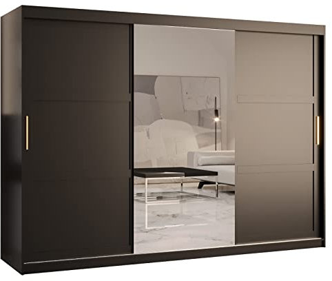 ABIKSMEBLE Armadio Ramiro 2 250 Con Ante Scorrevoli, Asta, Ripiano e Specchio per Camera da Letto (Nero Opaco, Cassetti: 0)
