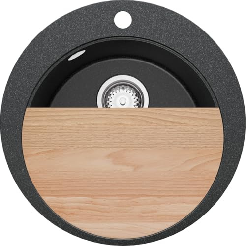 PRIMAGRAN Spülbecken ab 45er Unterschrank + Ablauf-Set, 50x50cm | Set: Ablauf-Set (Siphon, Ablaufgarnitur, Überlauf) + Schneidebrett + Granitspüle 1 Becken - Piza Top, Anthrazit