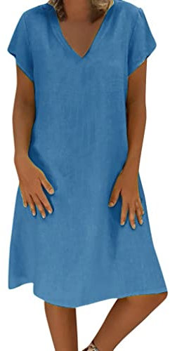 Abito in lino da donna, estivo, lunghezza al ginocchio, taglie grandi, casual, scollo a V, in cotone, lino, tinta unita, vintage, per il tempo libero, Blu, S