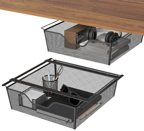 YBING Desk Organizer, Under Table Drawer Large Capacity Organizer, Black Metal Drawer Under Table Storage Box, Hidden Drawer Box for Office Home School, 2 Pack