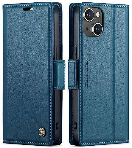 QLTYPRI Hülle für iPhone 13/iPhone 14 mit RFID Schutz, Vintage Leder Handyhülle mit Kartenfach Ständer PU Ledertasche Stoßfeste Flip Wallet Case Kompatibel mit iPhone 14/13 - Blau