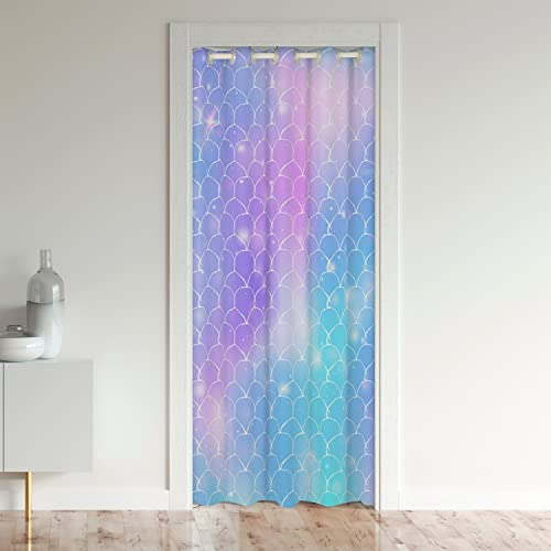 Mermaid Scale Doorway Curtain Privacy Thermal Curtains for Bedroom Glitter Purple Blue Fish Scales Door Cover Curtain Room Divider Curtain Cover 30%-50% Blackout Curtain Back 86x203cm 1 Panel